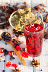 Red Hot Hibiscus tea in a glass mug