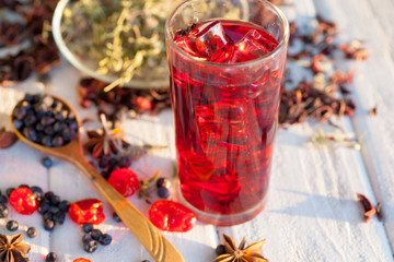 Red Hot Hibiscus tea in a glass mug