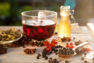 Red Hot Hibiscus tea in a glass mug