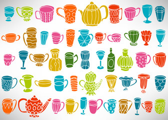 Fototapeta na wymiar Colorful doodle set of hand drawn dishes, cups, teapots, glasses, vases isolated on white. Collection of kitchenware elements for design. Vector illustration.
