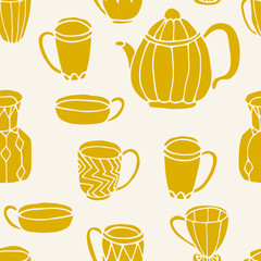 Cute dishes seamless pattern. Background with teapot, cup, vase. Vector illustration.