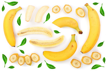 whole and sliced bananas isolated on white background. Top view. Flat lay