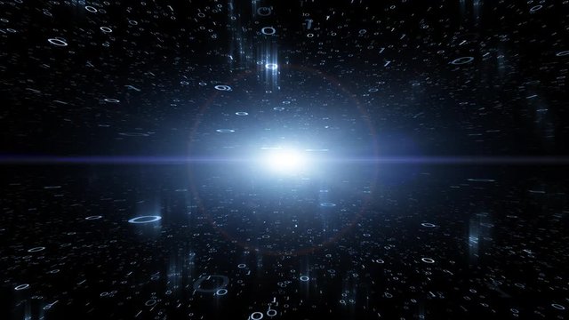 Futuristic binary numbers in slow motion with light flare background.