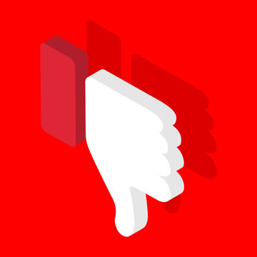 Thumbs dowm isometric icon. Dislike concept 3d. Vector stock illustration. Isolated on a red background.