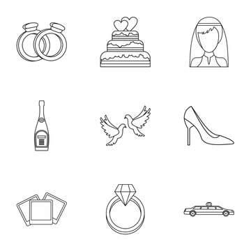 Wedding ceremony icons set. Outline illustration of 9 wedding ceremony vector icons for web