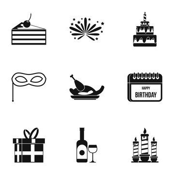Birthday icons set. Simple illustration of 9 birthday vector icons for web
