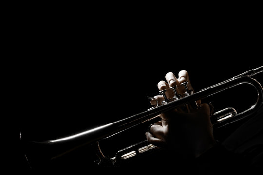 Trumpet player. Hands of trumpeter playing jazz