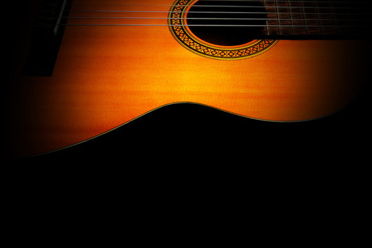 Acoustic guitar. Classical spanish guitar closeup