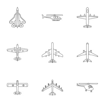 Army planes icons set. Outline illustration of 9 army planes vector icons for web