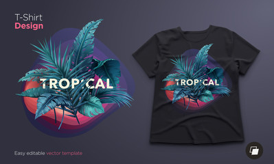 Bright tropical design for t-shirt or poster with jungle plants. Exotic illustration