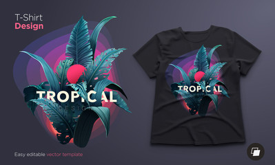 Bright tropical design for t-shirt or poster with jungle plants. Exotic illustration © stonepic