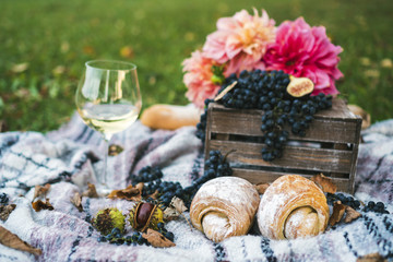 Summertime picnic setting on the grass with fruit, flowers, croissants and glass of wine