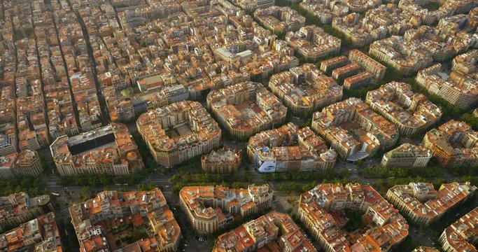 Aerial view of Barcelona Eixample residential district with streets and octagon urban grid, Spain