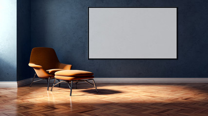 Modern bright interiors apartment with mockup poster frame 3D rendering illustration