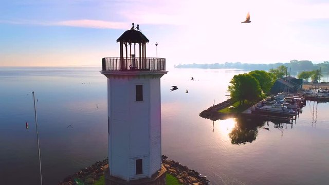 Scenic lighthouse flyby with many flying birds.
