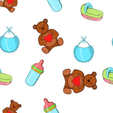Baby supplies pattern. Cartoon illustration of baby supplies vector pattern for web