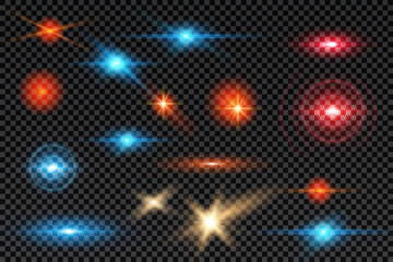 Set glowing light sparkles, glittering flashes and sparkling stars with lens flare effect on transparent background. 