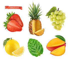 Fresh fruit, 3d vector icons set. Realistic illustration