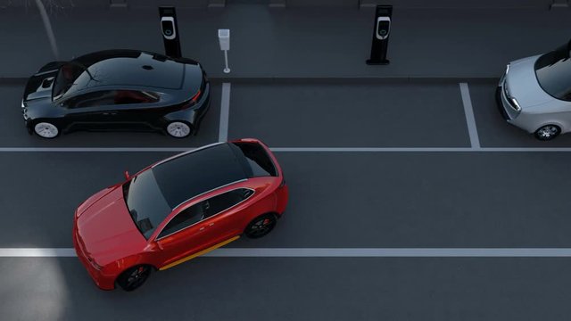 Autonomous SUV is parallel parking into parking lot at roadside. Intelligent Parking Assist System concept. 3D rendering animation.