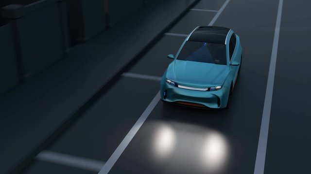 Blue SUV avoid an accident from a minivan at crossroad. Automatic Emergency Braking (Emergency brake system) concept. Night scene. 3D rendering animation.