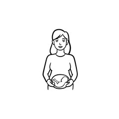A woman with a fetus in womb hand drawn outline doodle icon. Happy woman expecting a baby, mother vector sketch illustration for print, web, mobile and infographics isolated on white background.