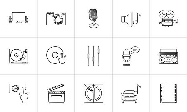 Media hand drawn outline doodle icon set for print, web, mobile and infographics. Digital media devices, audio, movie and radio vector sketch illustration set isolated on white background.
