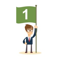 Happy businessman with number one flag. Start up business concept. Stock flat vector illustration.
