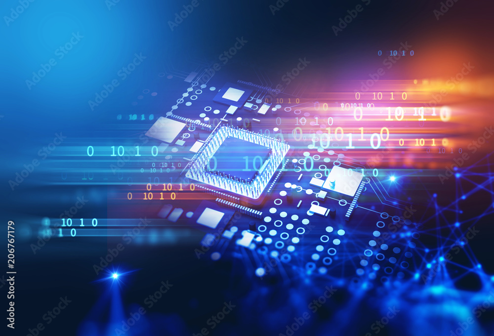 Poster 3d rendering of futuristic blue circuit board