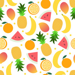 Tropical fruit pattern on white. Bright beautiful seamless background. Vector illustration in flat