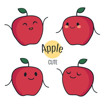 Funny cartoon red apple character with different emotions on the face. Comic emoticon stickers set. Vector icons, isolated on white.
