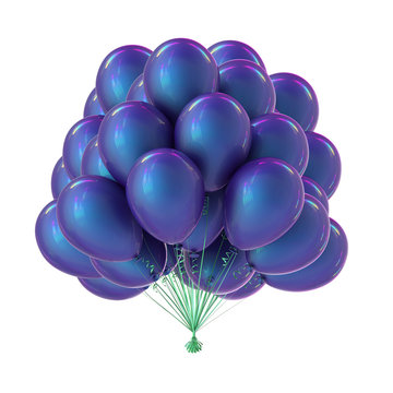 Party balloon bunch blue purple colorful. Helium balloons birthday decoration glossy. Holiday, anniversary, carnival celebration symbol. 3d illustration