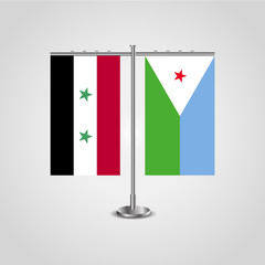 Table stand with flags of Syria and Djibouti.Two flag. Flag pole. Symbolizing the cooperation between the two countries. Table flags
