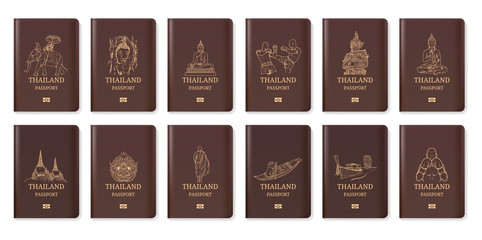 Thailand travel passport, Hand drawn Thailand, Landmark vector illustration, Amazing thailand, buddha, boxing, hanuman, ayutthaya, Temple
