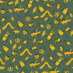 Doodle Hand Drawn Insect Seamless Background. Vector Illustration.