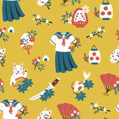 Cute Pattern with Japan Hand Drawn Doodles: School Uniform, Katana, Koi, Lucky Cat and Paper Lantern.
