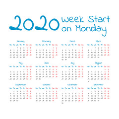 Fototapeta na wymiar Simple 2020 year calendar