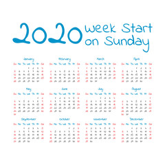 Simple 2020 year calendar