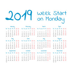 Simple 2019 year calendar
