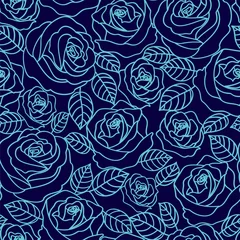 Papier Peint photo Roses Modèle sans couture de vecteur de roses contour bleu