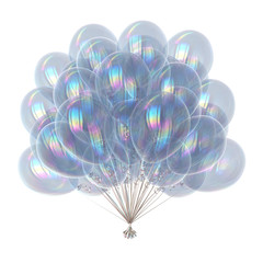 Party balloons birthday decoration white, helium balloon bunch glossy colorful translucent. Carnival, holiday, anniversary celebrate, event greeting card. 3d illustration