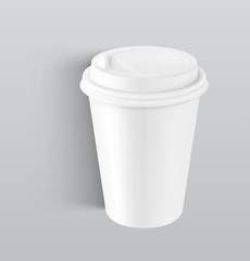 Realistic blank mock up paper cup with plastic lid. Coffee to go, take out mug. Vector illustration isolated and can be use for any backgrounds. EPS10.