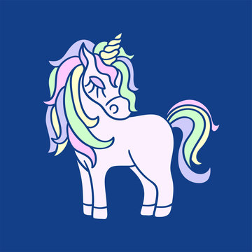 Pink unicorn with yellow horn icon on the navy blue