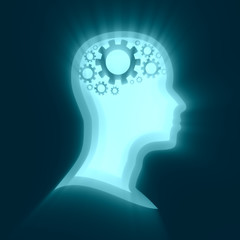 Man avatar profile view. Mental health relative design template. Gears group as a symbol of a brains. Abstract background with paper cut shape.
