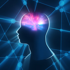 Man avatar profile view. Mental health relative. Connected lines with dots. Scientific medical designs. Universe as brains. Elements of this image furnished by NASA