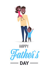 happy father day family holiday, african man dad hold daughter and son greeting card flat vector illustration