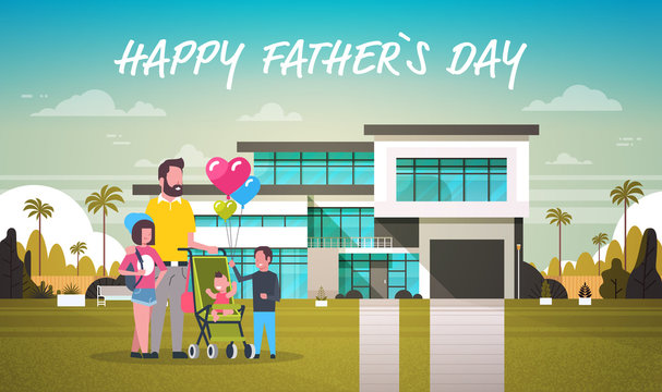 happy father day family holiday daughter, son and little baby present balloons for dad in house yard concept greeting card flat vector illustration