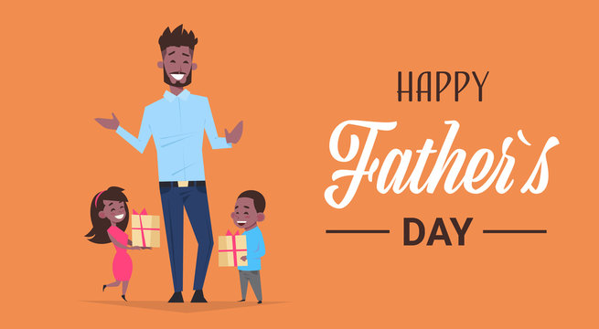 happy father day family holiday african daughter and son present gifts for dad concept greeting card flat vector illustration