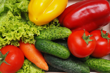 Fresh Summer Vegetables in Wooden Box Isolated on Textured Gray Backgroung. Organic Vegetables Vegetarian Vegan Health food Eatting