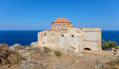 The 12th century Byzantine church of Agia Sofia stands on the highest point of Monemvasia, Peloponnese, Greece. 