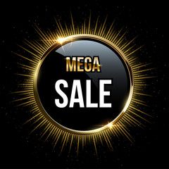Vector Mega Sale design template. Mega Sale words on black circle and golden sparkling ring with glitter and rays isolated on black background. 